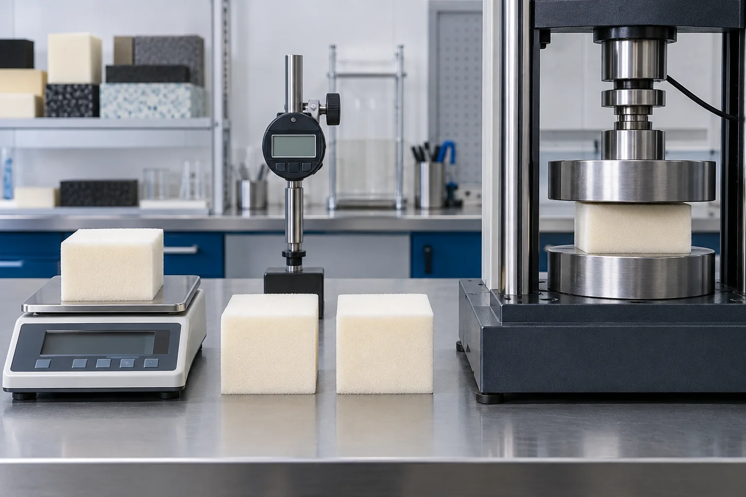 Polyurethane foam specimens on a scale and under compression testing with a thickness gauge in a materials lab