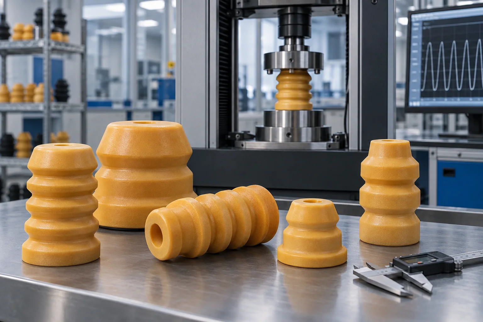 Amber microcellular polyurethane jounce bumpers beside a cyclic compression fatigue test fixture and caliper