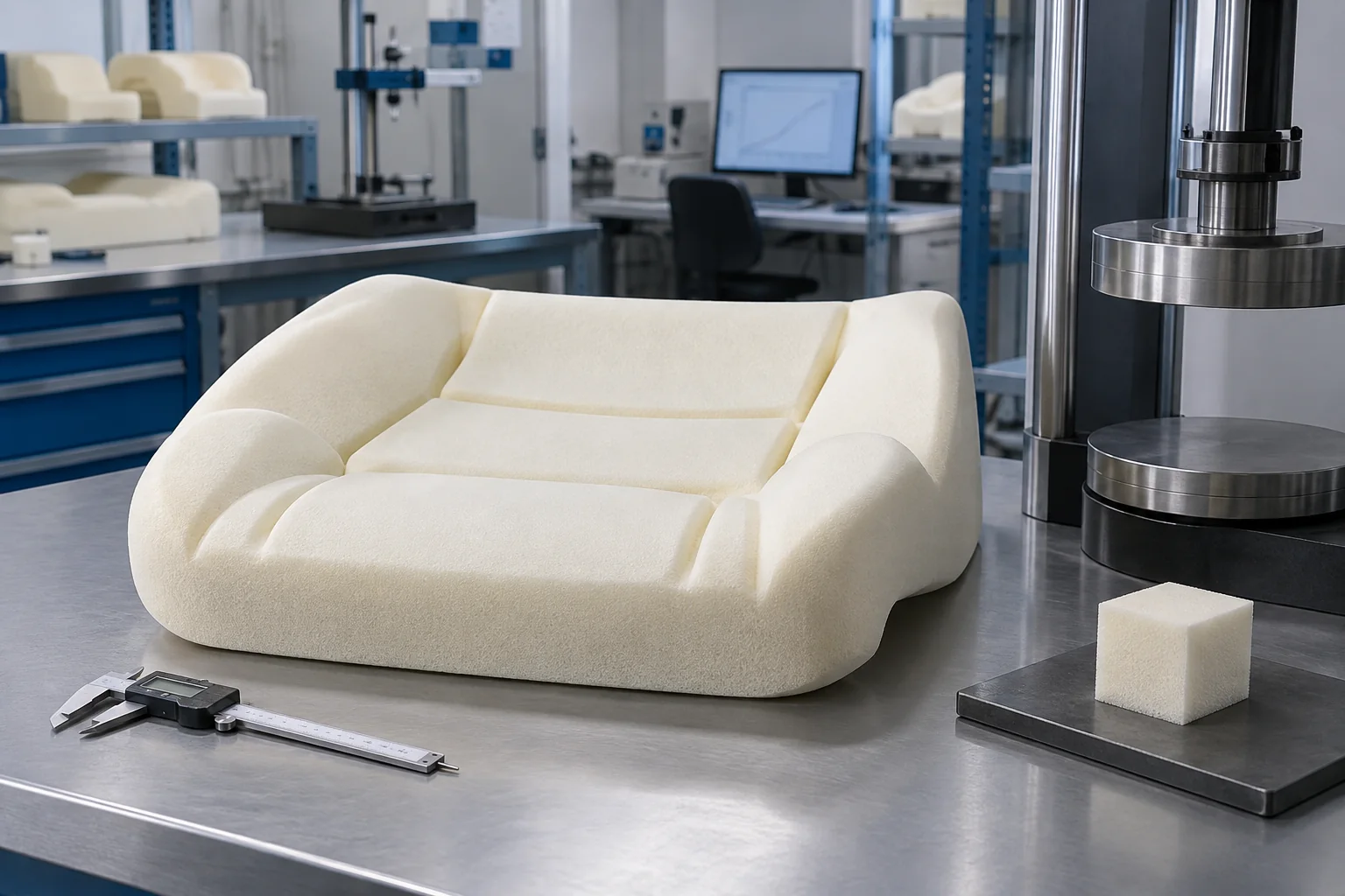 Molded automotive seat cushion foam with density sample, caliper, and compression test equipment in a quality-control lab