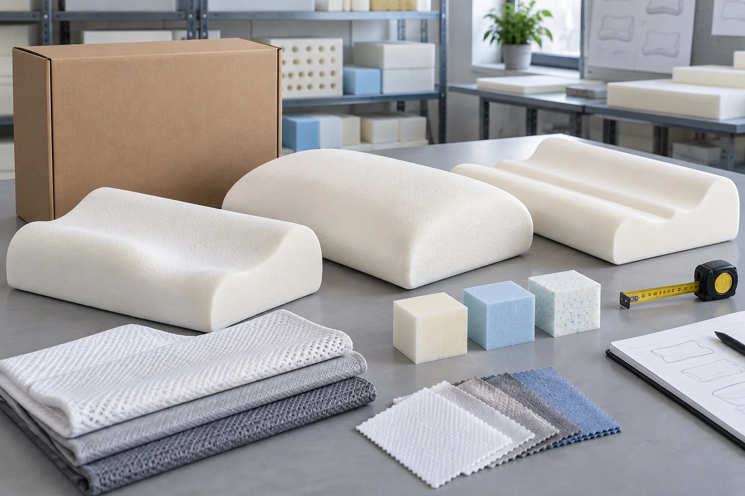 Three custom memory foam pillow shapes with cover swatches, foam samples, packaging, and measuring tools on a development table